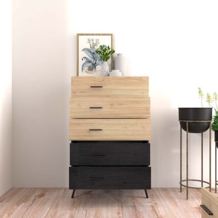 Yellow And Black Wood Grain Iron Square Tube Legs Chest Of Drawers